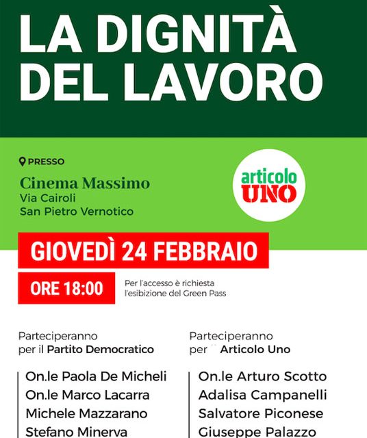 Articolo Uno incontro pubblico a San Pietro Vernotico sul tema ”La dignità del lavoro” con esponenti nazionali e regionali del partito e del Pd