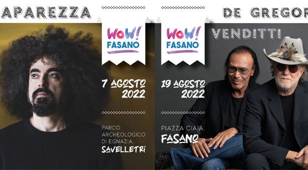Rassegna ”Wow! Fasano”, De Gregori-Venditti e Caparezza in concerto ad agosto