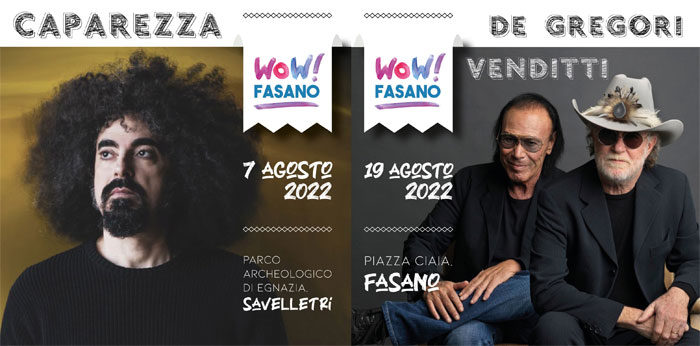 Rassegna ”Wow! Fasano”, De Gregori-Venditti e Caparezza in concerto ad agosto