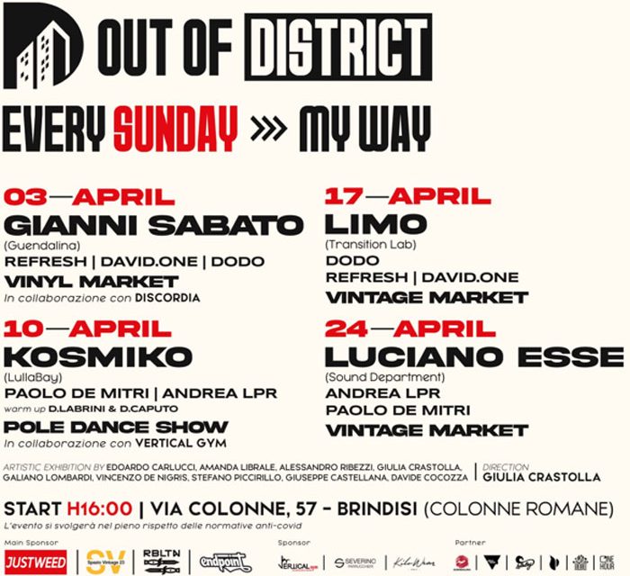 My Way Brindisi, un aprile all’insegna di eventi targati Out of District. All’ombra delle colonne romane artisti d’eccezione e una mostra d’arte contemporanea