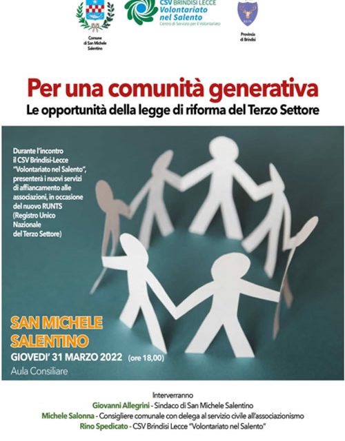 San Michele Salentino, il 31 marzo incontro sulla progettazione congiunta per le realtà del Terzo Settore
