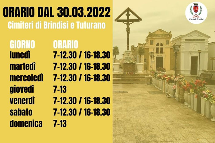 Cimitero, gli orari di apertura a Brindisi e Tuturano a partire dal 30 marzo