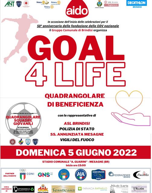 Goal 4 Life, il quadrangolare di calcio di Beneficenza di Aido Brindisi sarà presentato il 30 maggio a Mesagne