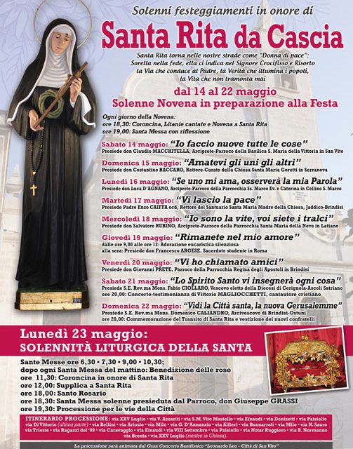 San Vito dei Normanni, il programma dei festeggiamenti religiosi della patrona Rita da Cascia
