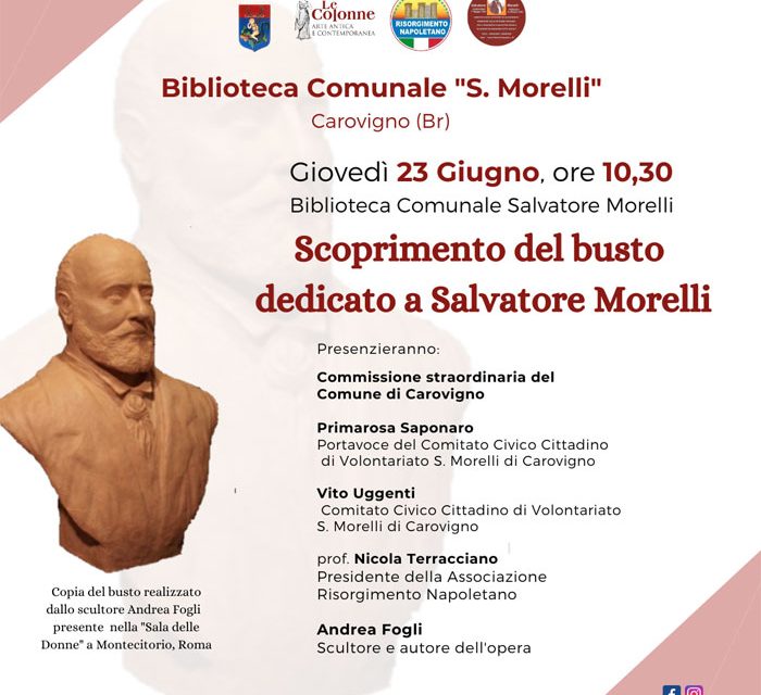 Biblioteca di Carovigno, il 23 giugno scoprimento del busto in ricordo di Salvatore Morelli