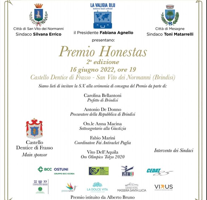 San Vito dei Normanni, “Premio Honestas”, il 16 giugno la consegna dei riconoscimenti ai vincitori