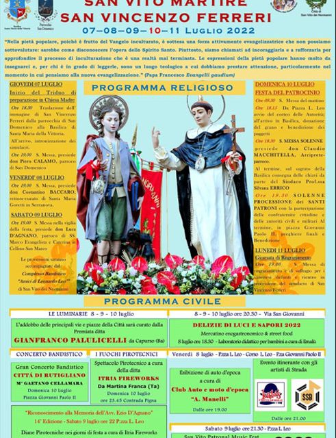 San Vito dei Normanni, dal 7 all’11 luglio festa dei Santi Patroni, programma religioso e civile