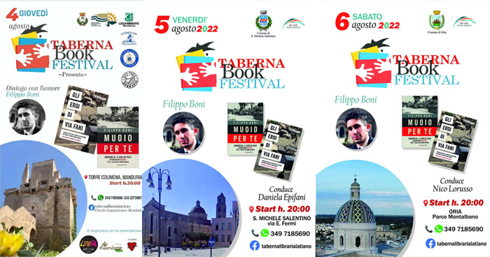 Taberna Book Festival, dal 4 al 6 agosto Filippo Boni a Torre Colimena, San Michele Salentino e Oria