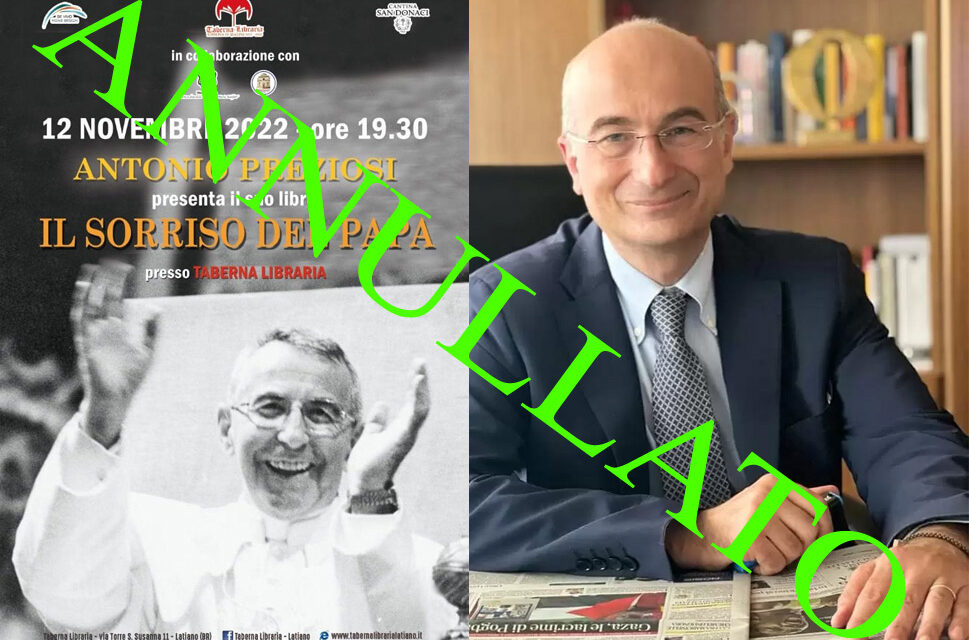 Omicidio Francavilla Fontana, la Taberna Libraria di Latiano annulla le presentazioni del libro “Il Sorriso del Papa” di Antonio Preziosi