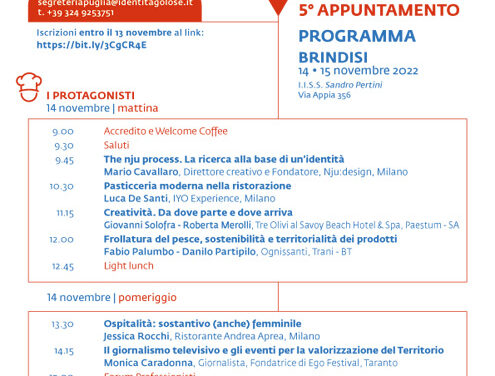 A Brindisi la penultima tappa del progetto “Puglia Identità e Storie di Gola”, il 14 e 15 novembre all’Alberghiero “Pertini”