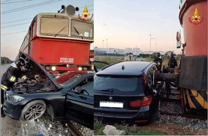 Treno merci travolge auto sul raccordo ferroviario della Zona Industriale, due feriti