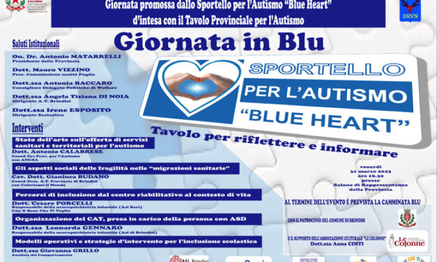 Giornata in blu, a Brindisi il 31 marzo convegno e marcia in occasione della Giornata Mondiale della Consapevolezza sull’Autismo