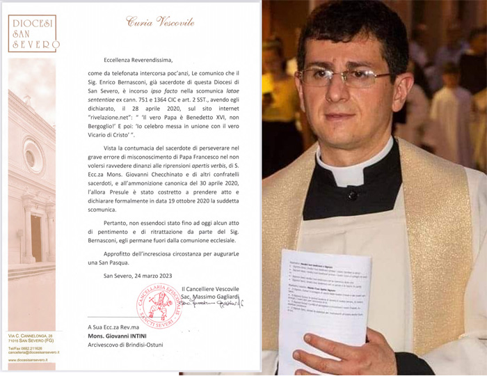 Monito dell’Arcivescovo di Brindisi Intini: “Sacerdote scomunicato, peccato mortale partecipare alla sua messa”