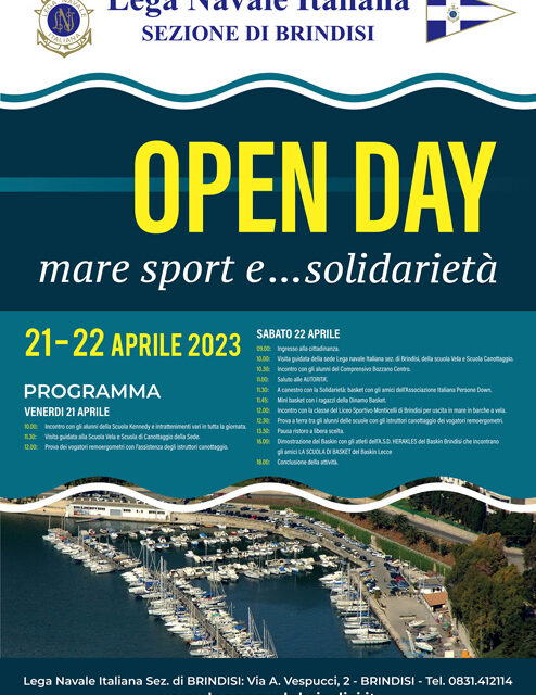 Lega Navale Italiana Brindisi, il 21 e 22 aprile l’Open Day “Mare Sport e… solidarietà”