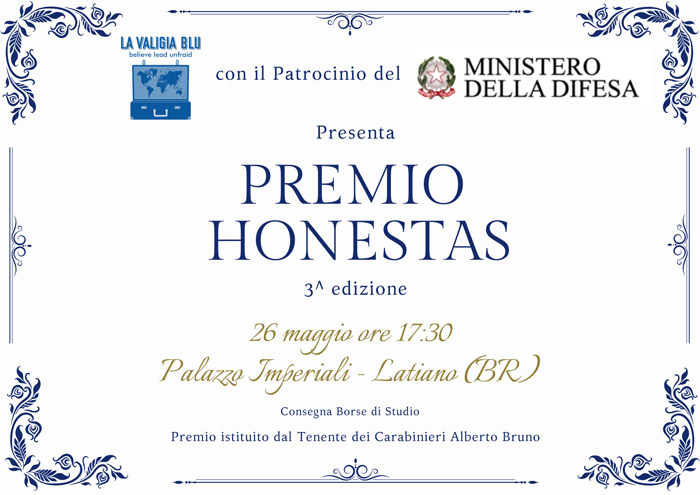 Premio Honestas patrocinato dal ministero della Difesa, il 26 maggio la cerimonia a Latiano