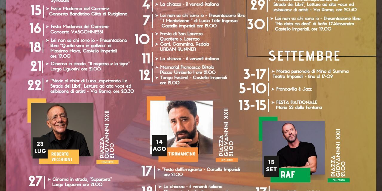 Vecchioni, Tiromancino, Raf, Eugenio Finardi,  Jazz e festa patronale: ecco i principali eventi dell’estate francavillese 2023