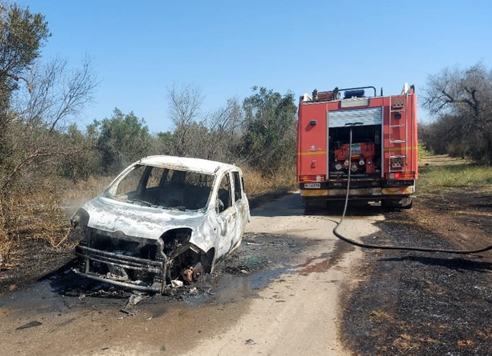 Auto rubata data alle fiamme provoca incendio in uliveto a San Pietro Vernotico, vigili del fuoco sul posto