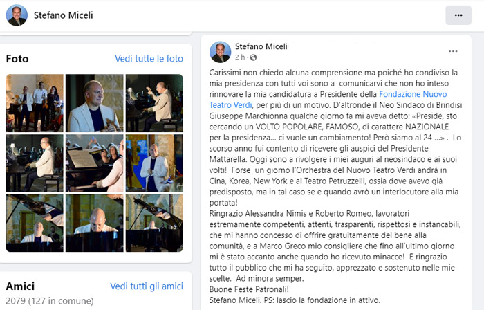 Addio di Stefano Miceli alla Fondazione Verdi, post polemico su facebook: “ricevute minacce”