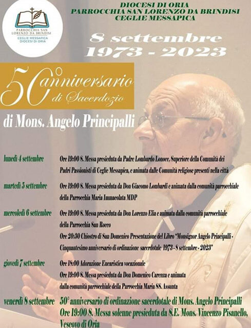 Cinquantesimo di Sacerdozio di Mons Angelo Principalli, festeggiamenti a Ceglie Messapica nella Parrocchia San Lorenzo da Brindisi