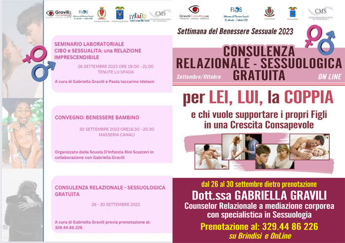 Settimana del Benessere Sessuale, Decima edizione a Brindisi, seminario laboratoriale, convegno e consulenze gratuite a cura di Gabriella Gravili