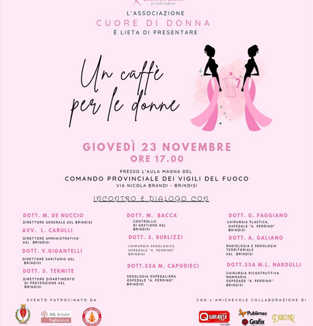 Prevenzione tumore al seno, il 23 novembre “Cuore di donna” promuove l’evento “Un caffè per le donne”