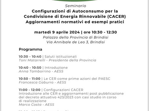 Provincia di Brindisi, seminario AESS sulle Comunità Energetiche Rinnovabili, appuntamento martedì 9 aprile – ore 10.30