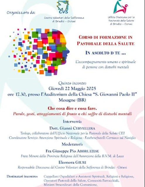 A Mesagne il quinto incontro del Corso di Pastorale della Salute: “In ascolto di te”, focus sull’accompagnamento umano e spirituale di persone con disturbi mentali