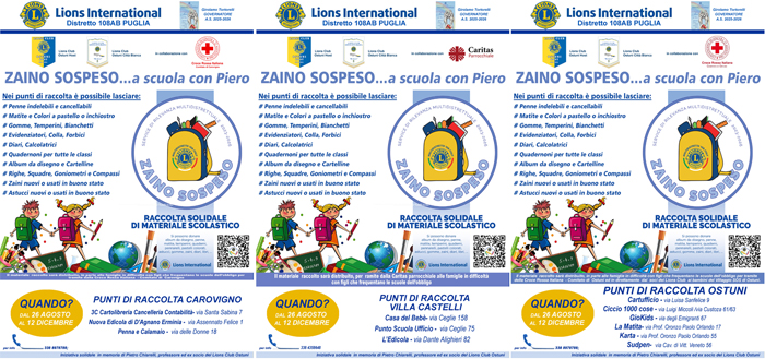 ZAINO SOSPESO…a scuola con Piero Raccolta di materiale didattico a favore delle famiglie bisognose e dei bambini e ragazzi ospitati nel Villaggio SOS di Ostuni