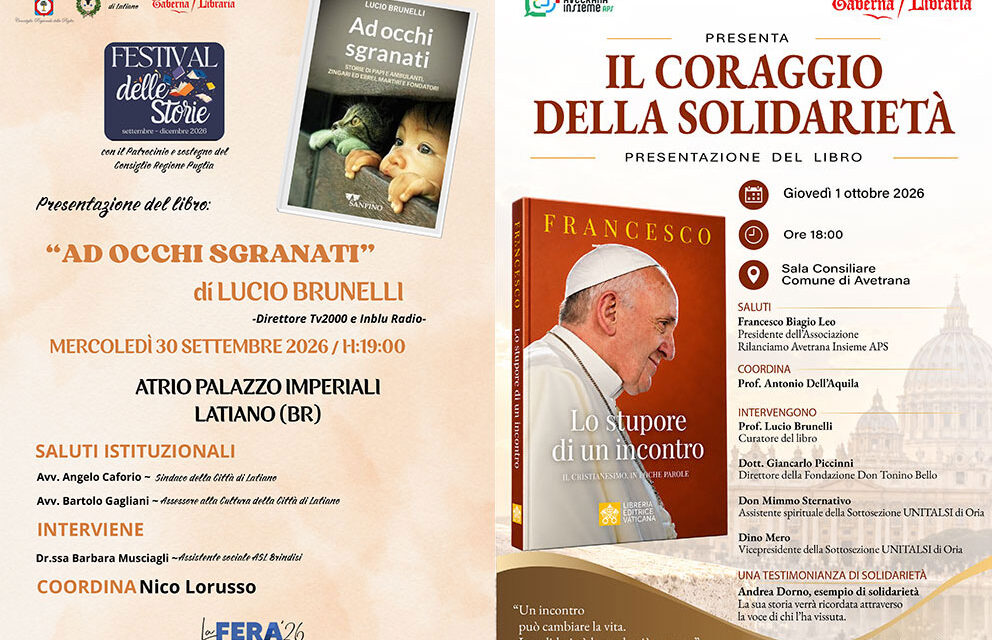 Festival delle Storie, il nuovo progetto della Taberna Libraria prosegue con il vaticanista Lucio Brunelli a Latiano per la Fera il 30 settembre e ad Avetrana il 1° ottobre