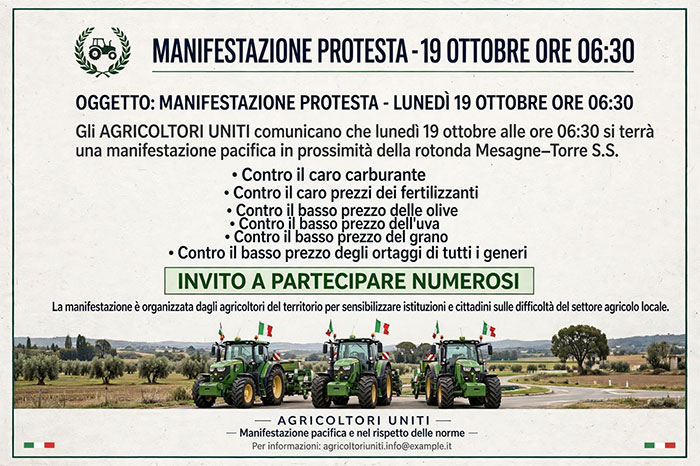 Agricoltori Uniti, protesta pacifica il 19 ottobre: trattori in strada contro il caro carburanti e i prezzi troppo bassi dei prodotti agricoli